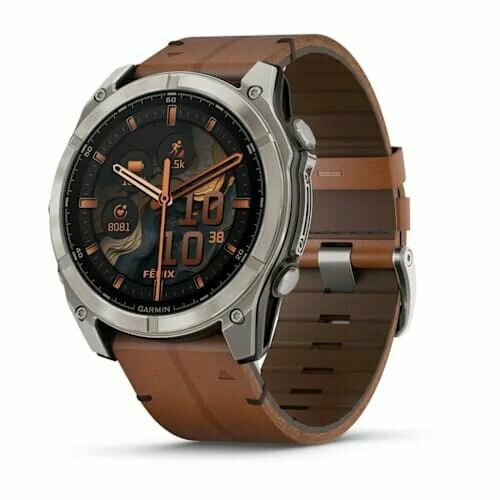 Часы Garmin fenix 8 - 51 mm, AMOLED, Sapphire Graphit/Carbongrau Titan DLC/титановый серый с кожаным ремешком (010-02905-40) коричневый