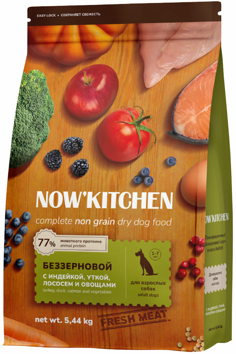 NOW'KITCHEN беззерновой для взрослых собак всех пород с индейкой, уткой и лососем 5,44 кг