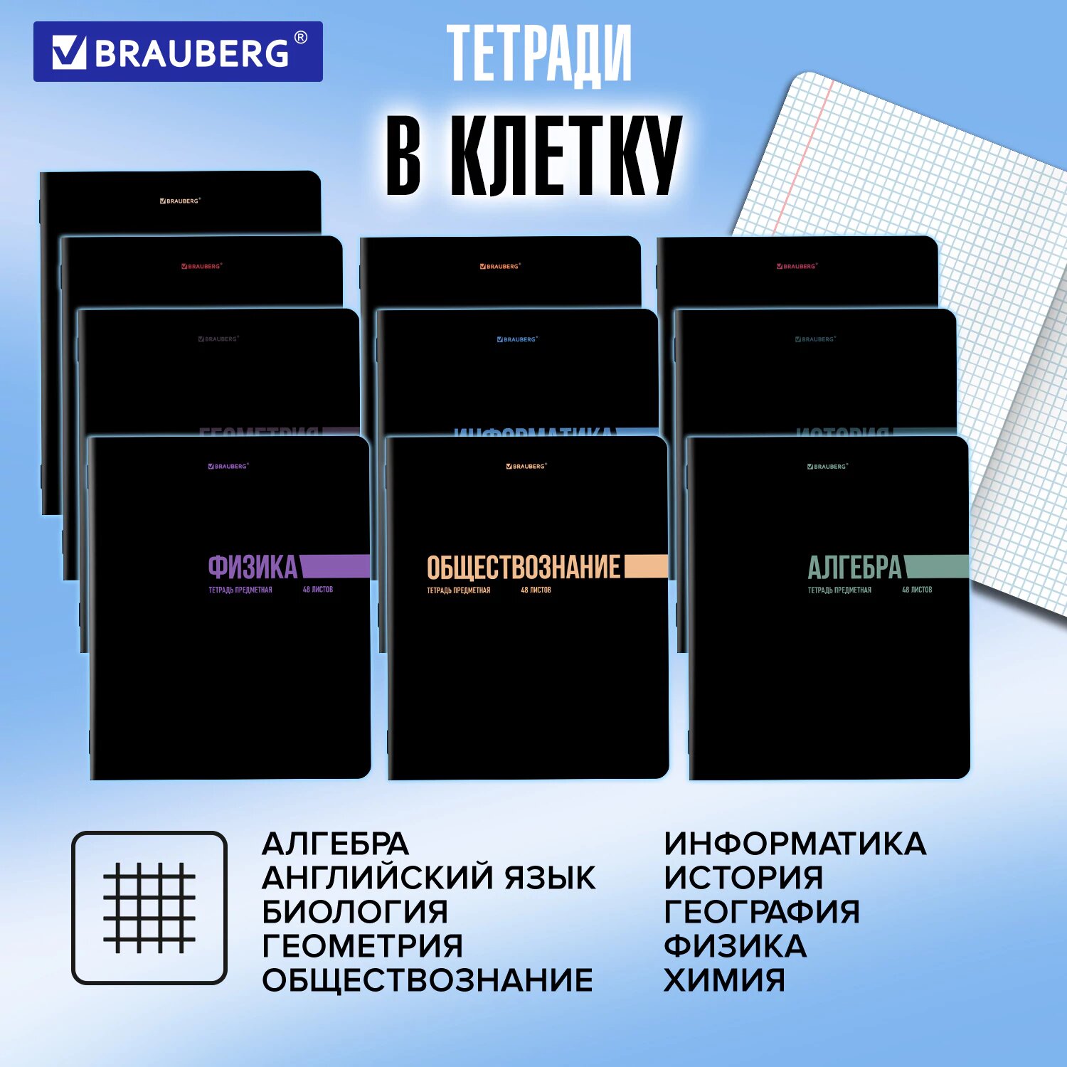 Предметные тетради 48 листов в клетку и линейку A5 набор 12 штук, обложка картон, Brauberg Классика Black, 405162 — фото 1