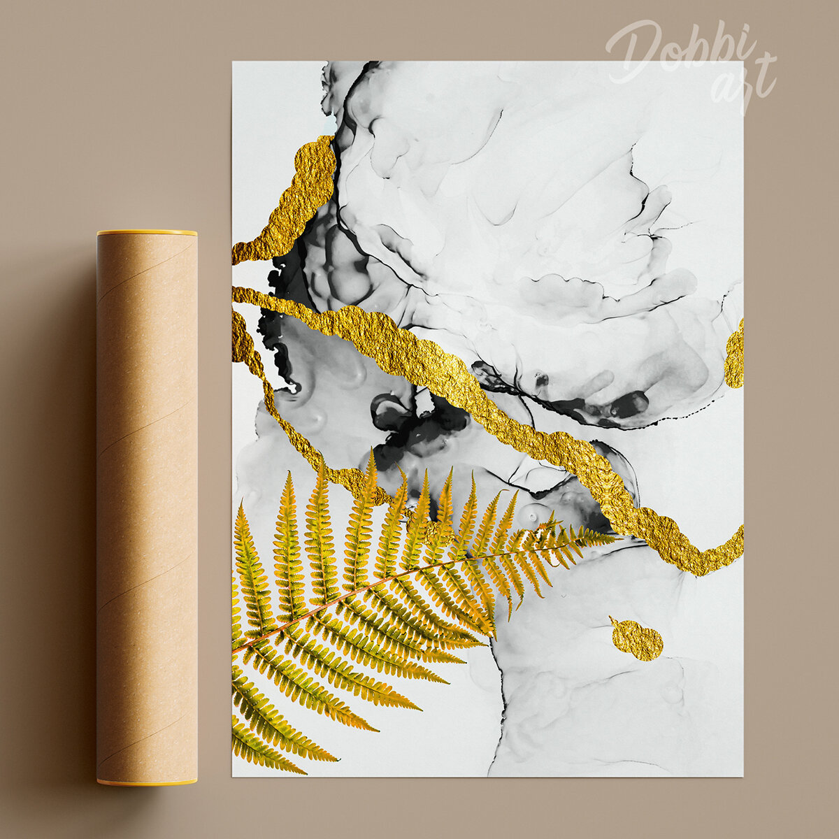 Постер Абстракция чернила 30х40 см без рамы/ Черно белый постер/ Стильный плакат постер/ Минималистичный постер плакат/ Эстетичный постер/ Золотой постер папоротник/ Спиртовые чернила/ Постер для интерьера/ Декор стен дома офиса/ Плакат для интерьера