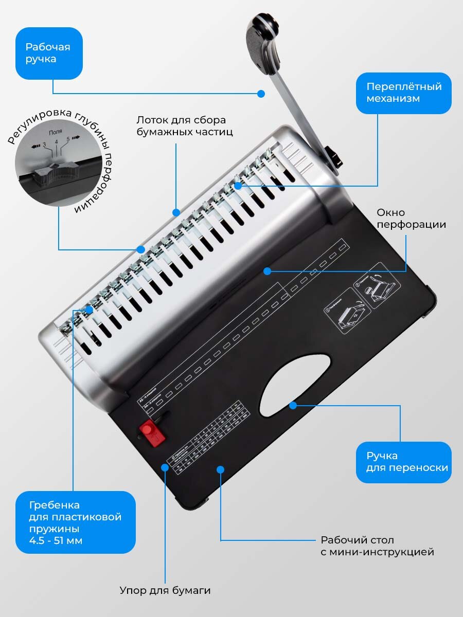 Брошюратор А4 на пластиковую пружину гелеос Практик со стартовым набором для переплета — фото 1