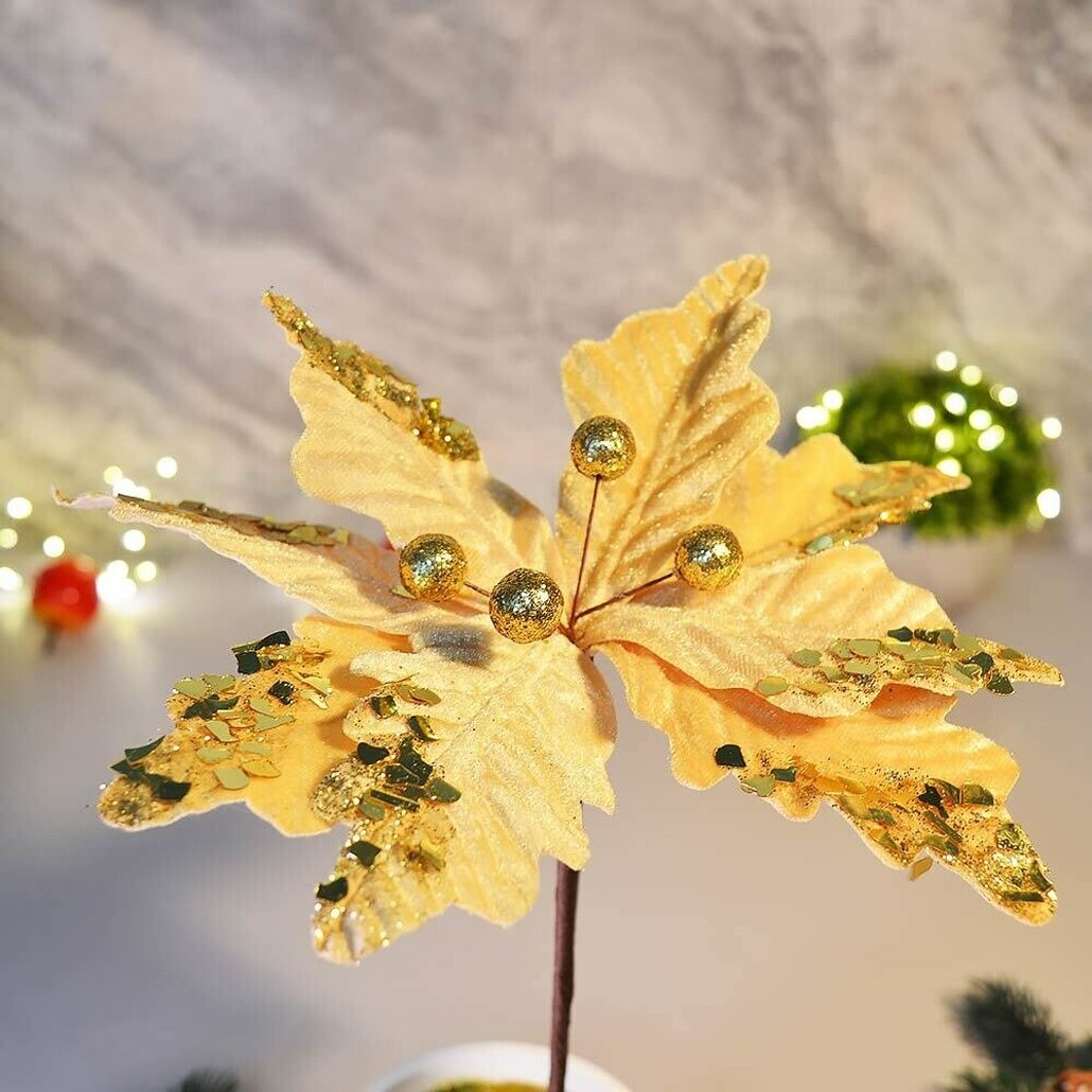 Украшение новогоднее пуансеттия 15см золото блестящий декор для интерьера