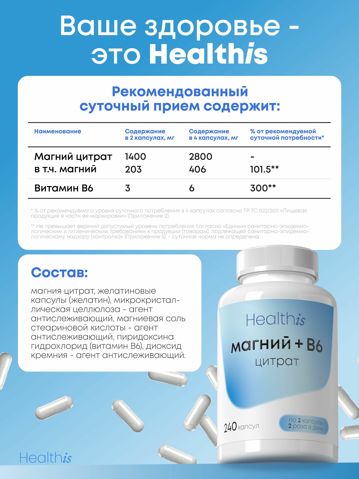 Магний Цитрат с витамином В6 от стресса, нервов и усталости, 240 капсул — фото 1