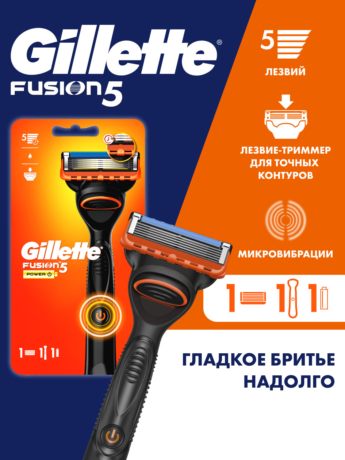 Gillette Fusion5 Power Мужская Бритва , 1 кассета, с 5 лезвиями, с уменьшающими трение лезвиями, с успокаивающими микроимпульсами