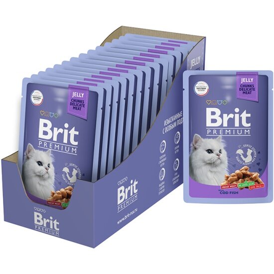 Корм для взрослых кошек Brit Premium с треской в желе 14шт.*85г