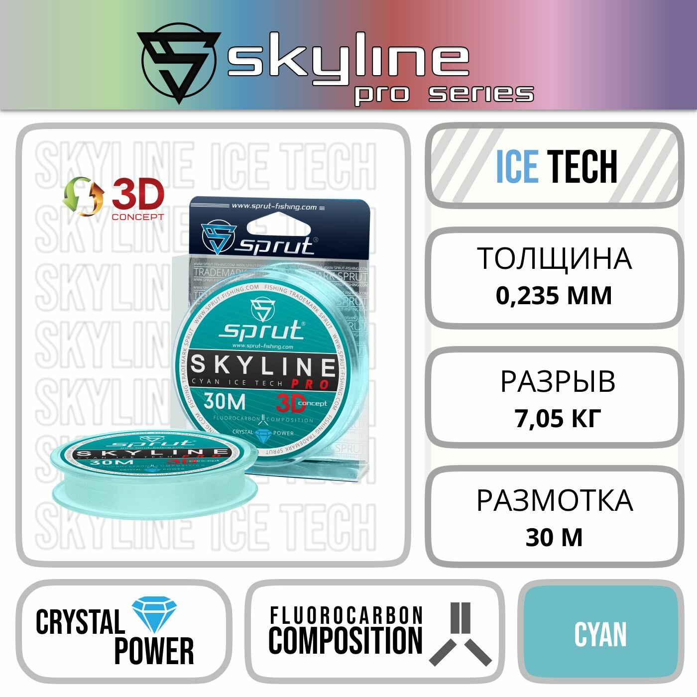 Леска Зимняя / Sprut Skyline PRO (3D) Cyan (0,235mm/7,05kg/30m)