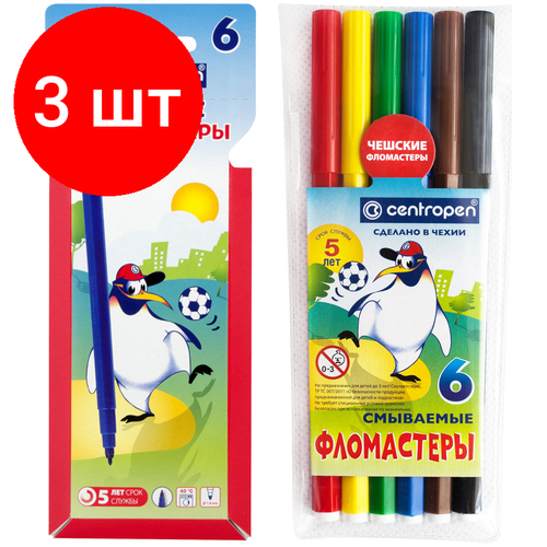 Комплект 3 шт, Фломастеры Centropen Пингвины, 06цв, смываемые, картон. упак. с европодвесом/ПВХ комплект 3 шт фломастеры centropen пингвины 30цв смываемые картон упак с европодвесом пвх