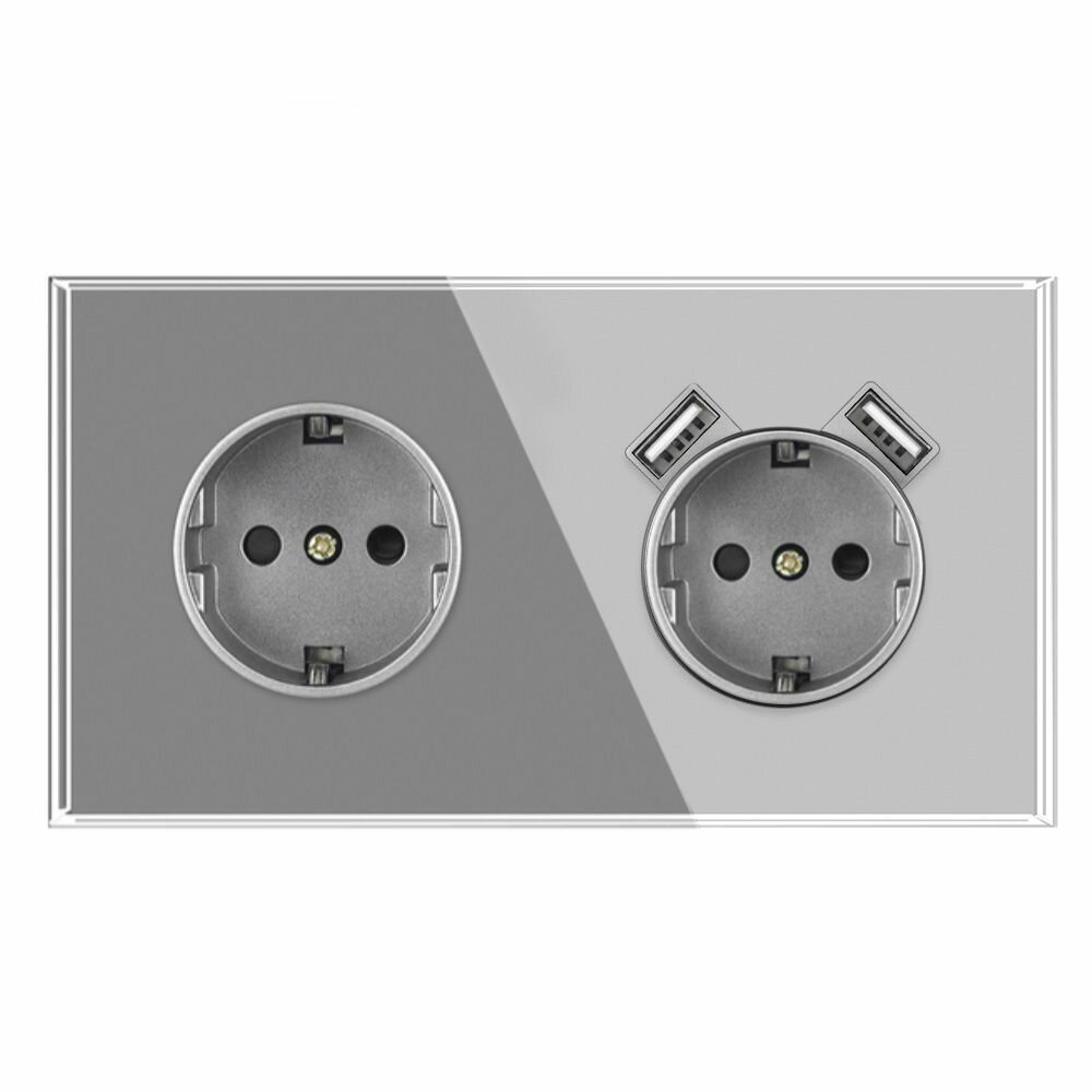 фото Розетка двойная с 2 USB-портами, 16А 250В, со шторками, рамка закаленное стекло, цвет серый