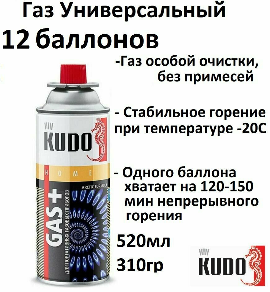 Газ универсальный 520мл KUDO 12 штук (коробка)