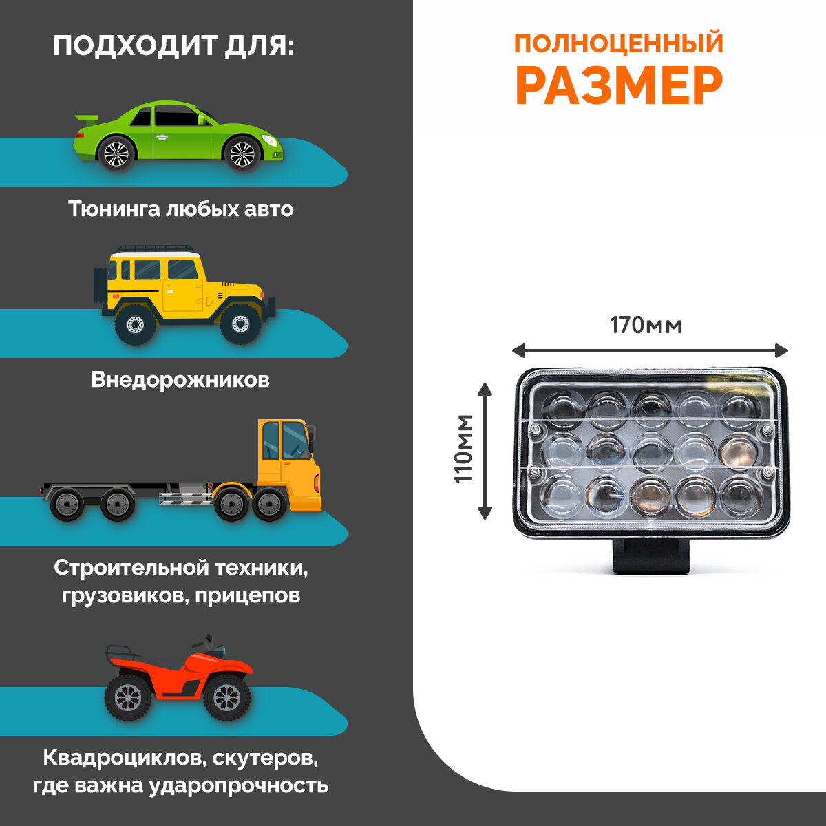 Светодиодная противотуманная фара для авто ФСО вспышка MYX-Light 12-36V мощность 45W 6000K прожектор, дневные ходовые огни для легковых и грузовых авто, джипов, квадроциклов 1шт — фото 3
