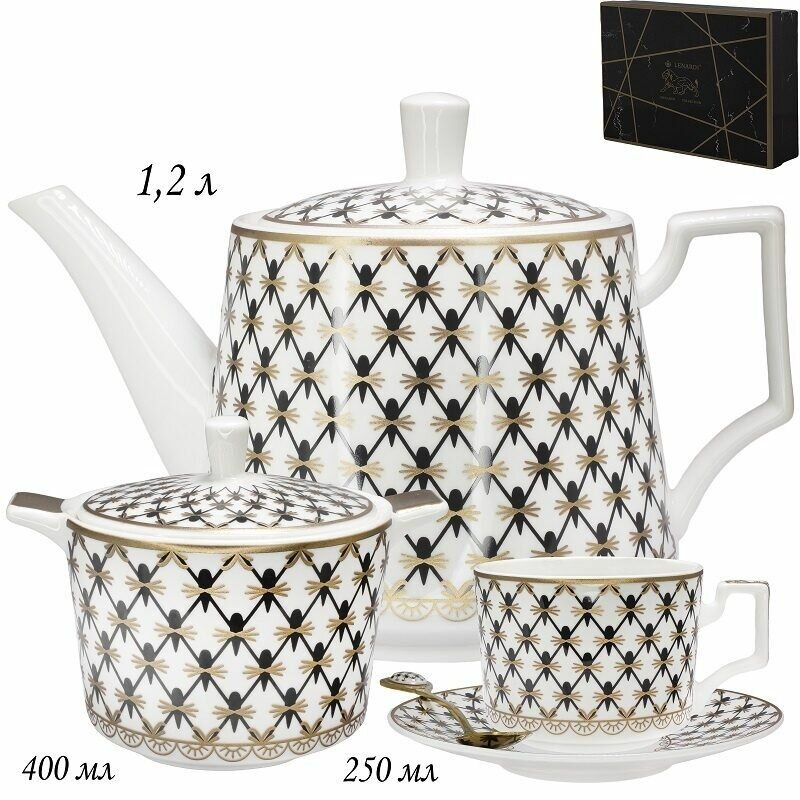 Чайный набор на 6 персон 20 предметов Lenardi чайник 1200мл, чашки 250мл, блюдца, ложки, сахарница 400мл, фарфор