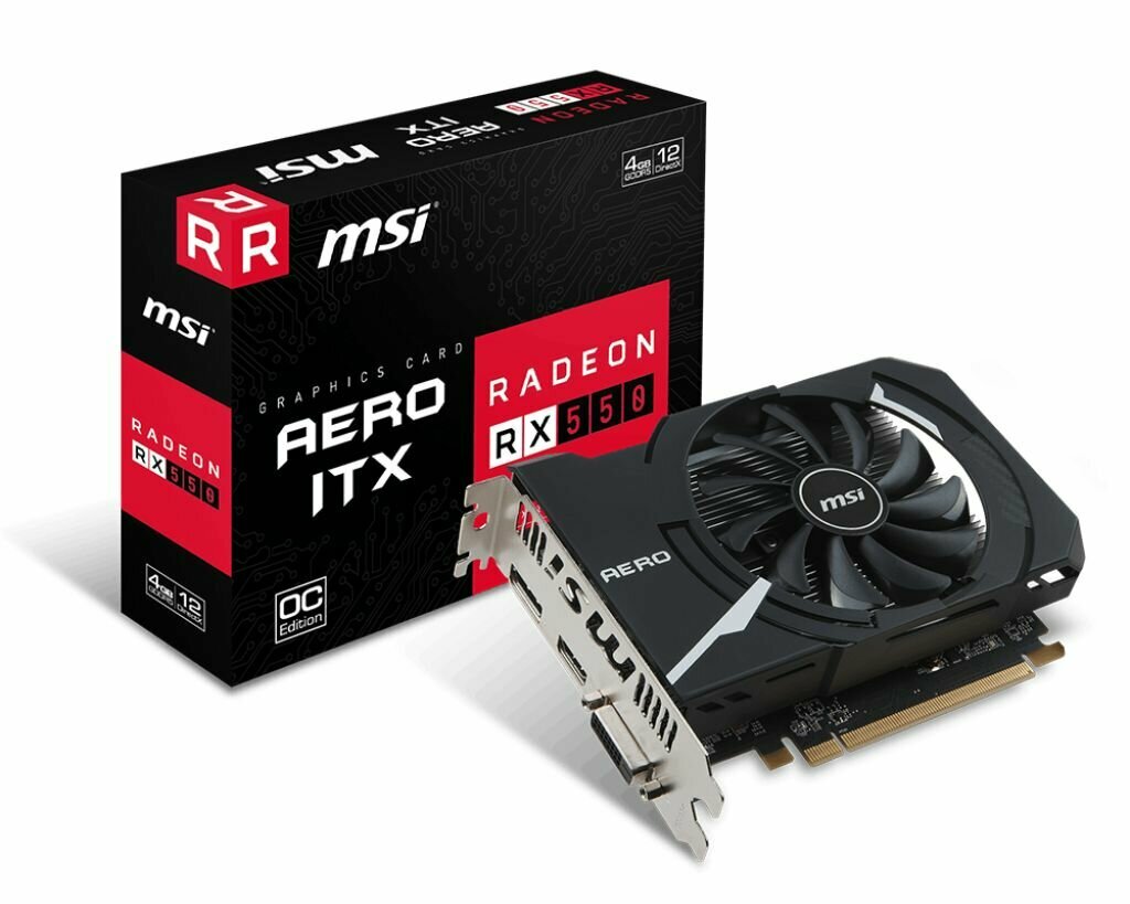 Видеокарта MSI Radeon RX 550 1203Mhz PCI-E 3.0 4096Mb 6000Mhz 128 bit DVI DP HDMI HDCP RX 550 AERO ITX 4G OC