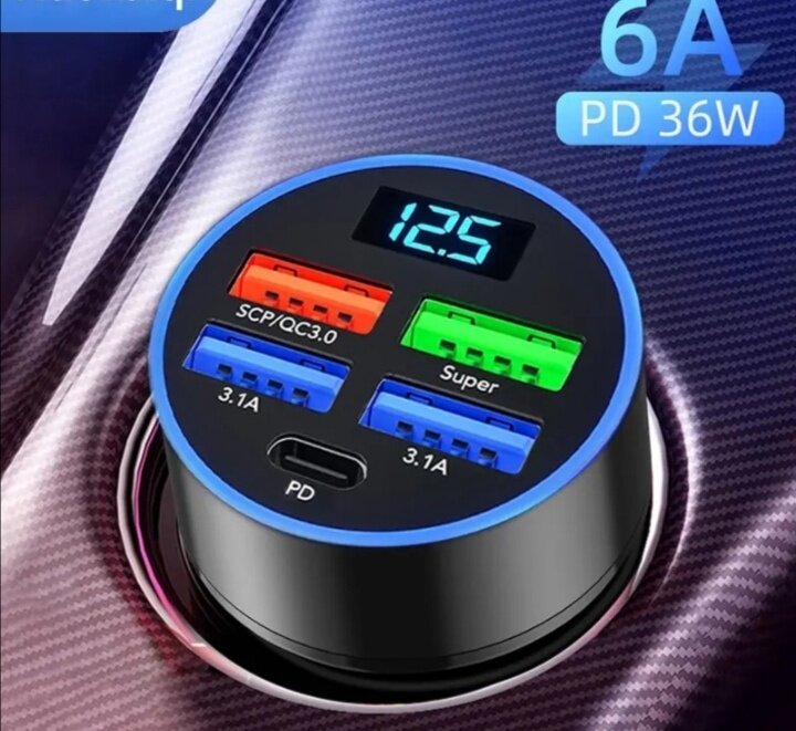 Автомобильное зарядное устройство с вольтметром / 4 USB порта + Type-C /  быстрая автомобильная зарядка для телефона 12-24 QC3.0 12-24 вольт