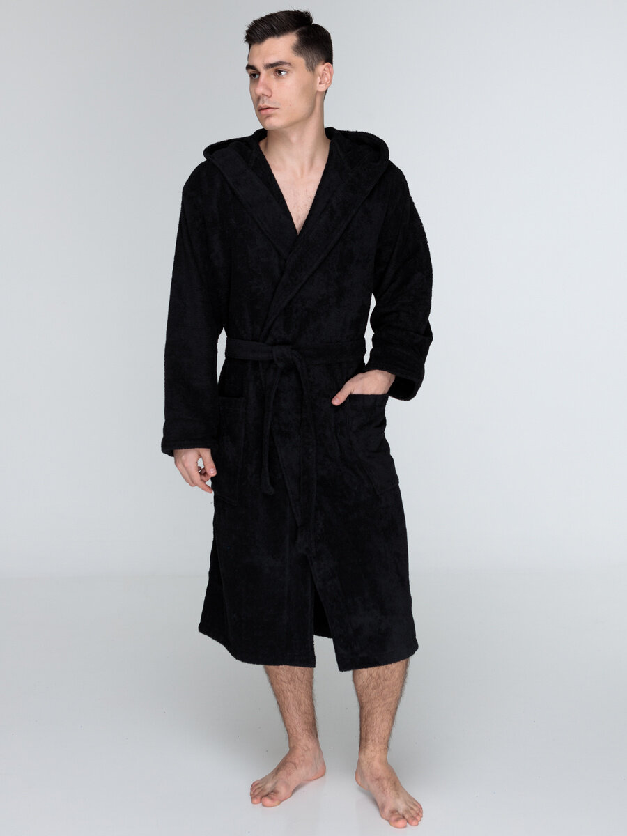 Мужской черный махровый халат с капюшоном 44 - фотография № 5