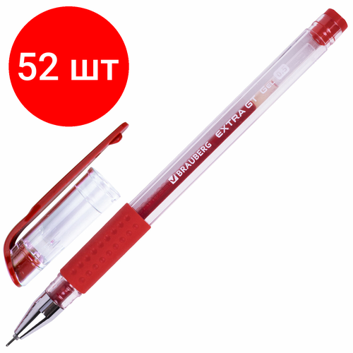 Комплект 52 шт, Ручка гелевая с грипом BRAUBERG EXTRA GT NEEDLE, красная, игольчатый узел 0.5 мм, линия 0.35 мм, 143921