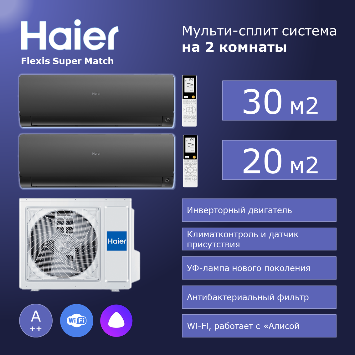Мульти сплит система на 2 комнаты Haier Flexis Super Match AS25S2SF2FA-B+AS35S2SF2FA-B/2U50S2SM1FA