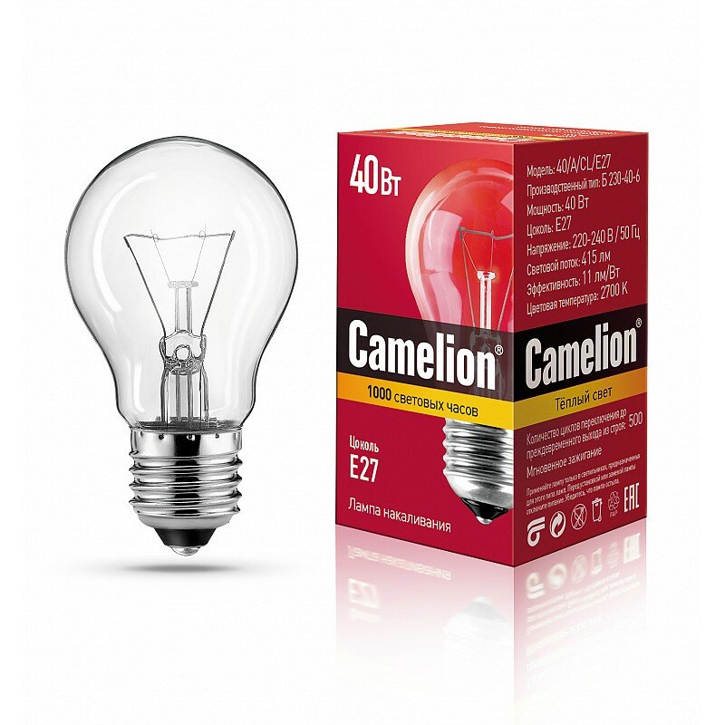 Camelion 40/A/CL/E27 (Эл. лампа накал. с прозрачной колбой, ЛОН, Б230-40-6), цена за 1 шт.
