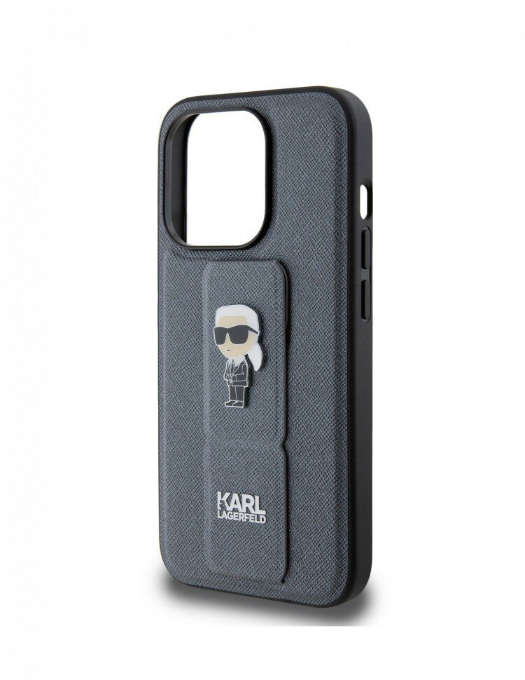 Чехол Karl Lagerfeld GripStand PU Saffiano NFT Karl Ikonik metal Hard для iPhone 15 Pro, цвет Серебристый (KLHCP15LGSAKIPG)
