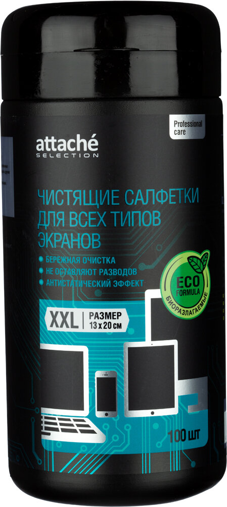 Салфетки влажные Attache Selection Professional для экранов (100 штук в тубе)