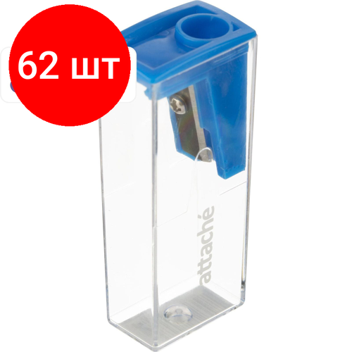 Комплект 62 штук, Точилка Attache Economy на 1 отв, прямоуг. c прозр. контейнером, ассорти