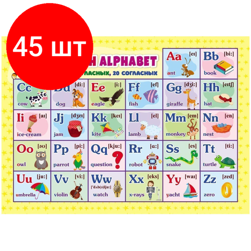 Комплект 45 штук, Плакат Учебный. Английский алфавит, А4, КПЛ-325
