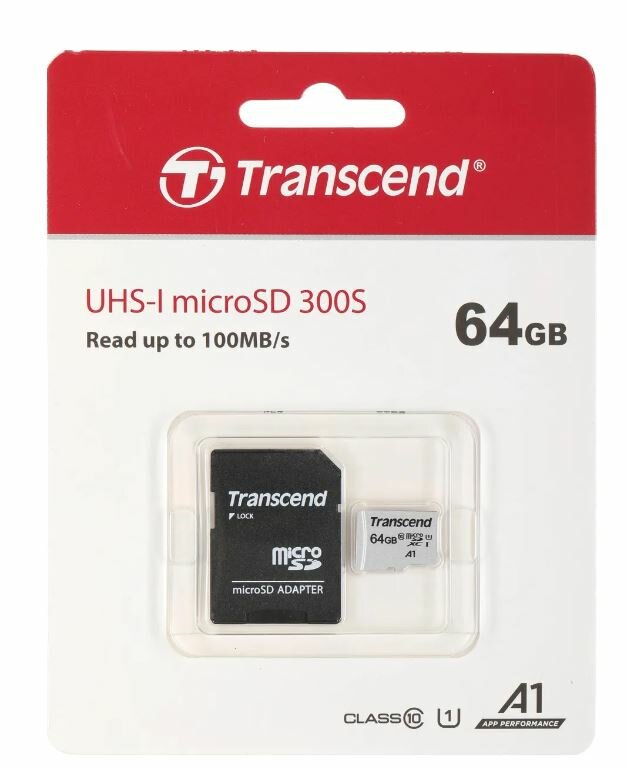 Карта памяти MicroSD 64GB Transcend 300S UHS-I U1 (TS64GUSD300S-A)