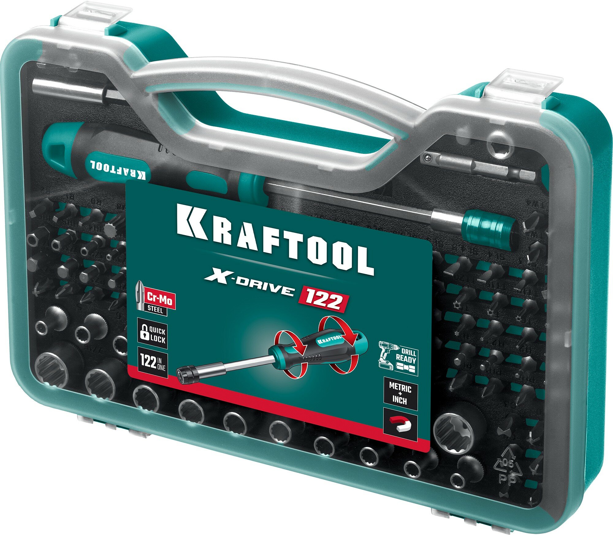 KRAFTOOL X-Drive-122 набор: отвертка-битодержатель с насадками 122 шт