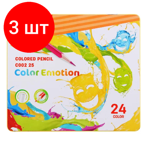 Комплект 3 наб, Карандаши цветные Deli EC00225 Color Emotion липа 24цв/наб. мет. кор