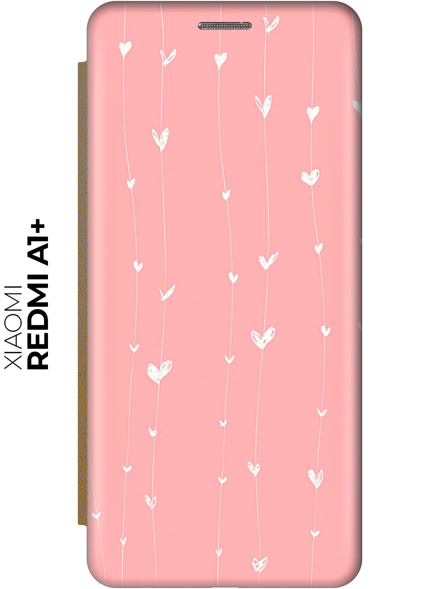 Чехол-книжка на Xiaomi Redmi A1+ / A2+ / Poco C50 / C51 / Сяоми Редми А1 Плюс / А2 Плюс / Поко С50 / С51 "Сердечки на розовом фоне" золотистый
