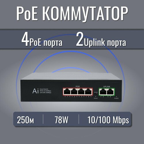 Коммутатор свитч PoE 4 порта2 LAN для IP видеонаблюдения 220000₽