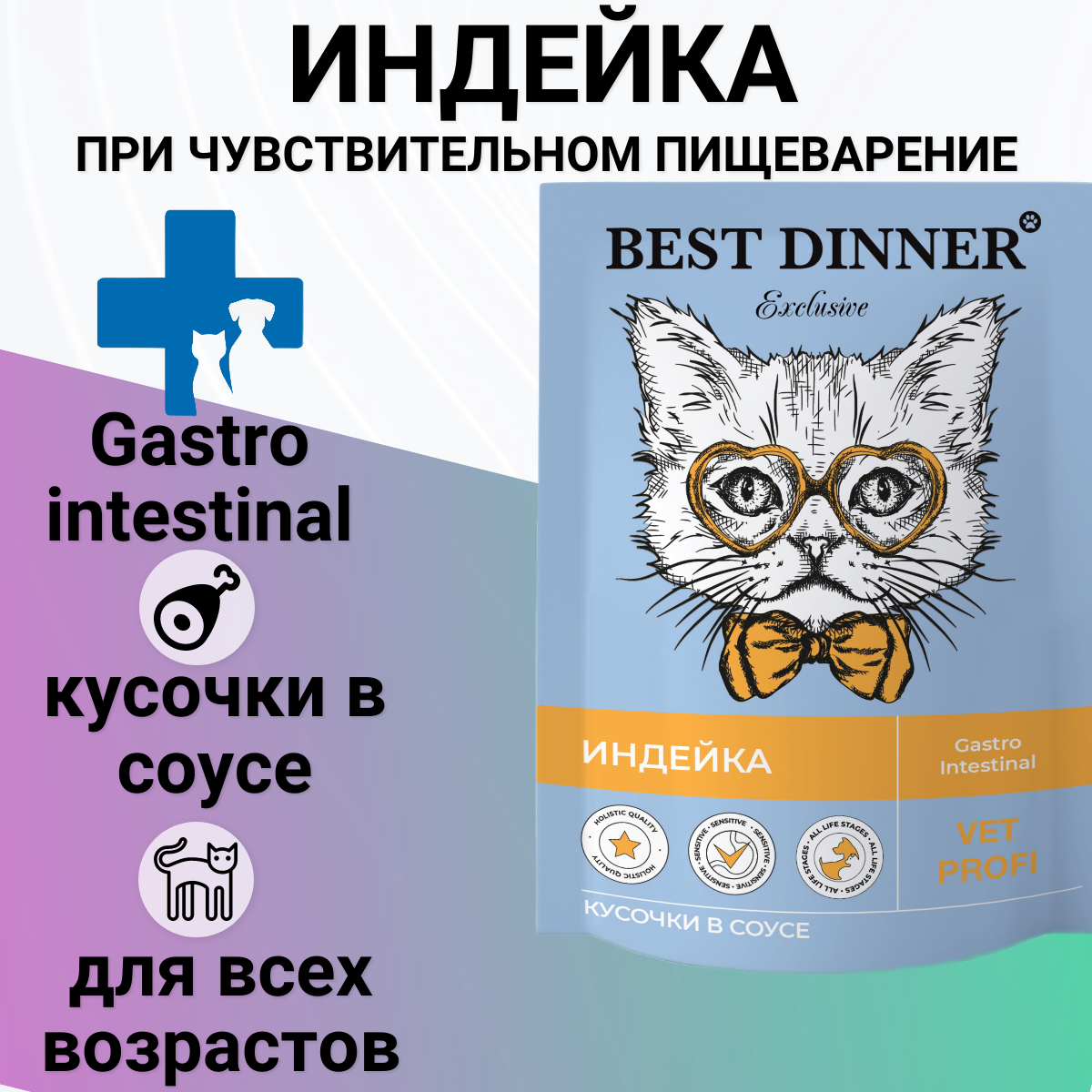 Корм BEST DINNER 85гр для кошек для заболеваниях ЖКТ кусочки в соусе с индейкой GASTRO INTESTINAL