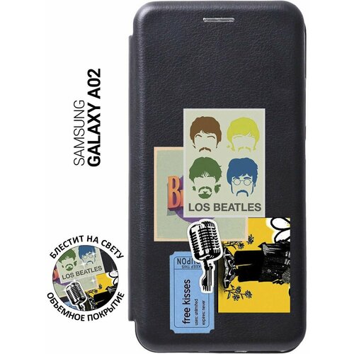 Чехол-книжка на Samsung Galaxy A02, Самсунг А02 с 3D принтом Beatles Stickers черный матовый soft touch силиконовый чехол на samsung galaxy a02 самсунг а02 с 3d принтом beatles stickers черный