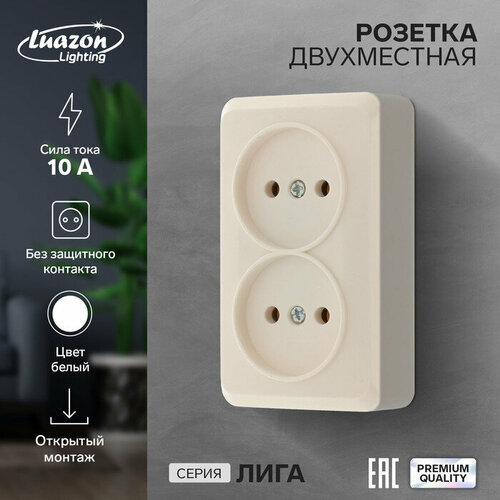 Розетка двухместная Luazon Lighting Лига, 10 А, накладная, без з/к, белая розетка двухместная спб 10 а без з к белая