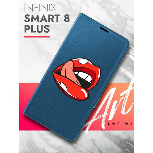 Чехол на Infinix Smart 8 Plus (Инфиникс Смарт 8 плюс) синий книжка эко-кожа с функцией подставки и магнитами Book Case, Brozo (принт) Губы чехол на infinix smart 8 plus инфиникс смарт 8 плюс фиолетовый книжка эко кожа с функцией подставки и магнитами book case brozo принт ржавый пион