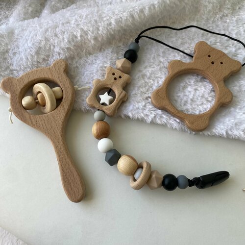 Погремушка деревянная, грызунок Медведь, прорезыватель для зубов, держатель подарочный набор коала и лисёнок деревянная погремушка и прорезыватель