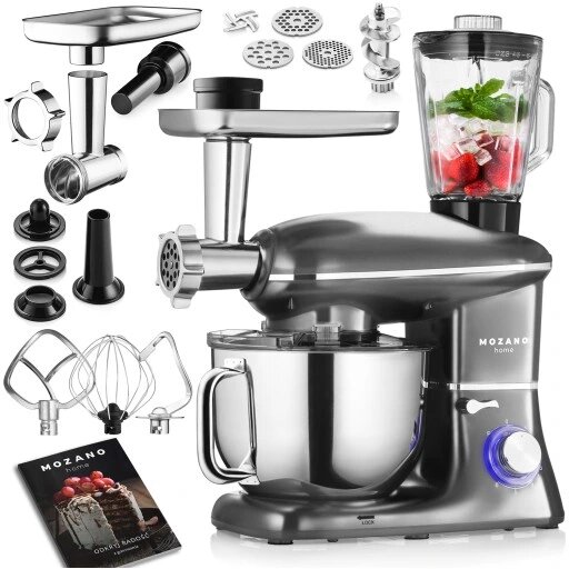 Кухонный комбайн с мясорубкой Mozano Kitchen Assistant 2300 Вт, серый с дополнительными насадками