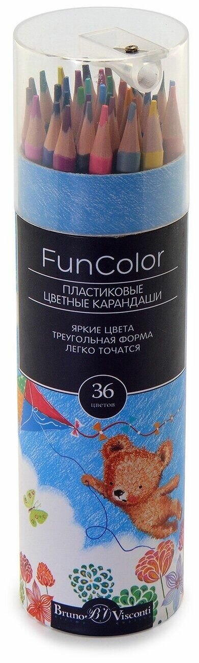 Карандашии цветные BrunoVisconti в тубусе с точилкой, 36 цветов "FunColor", Арт. 30-0088, упаковка в ассортименте