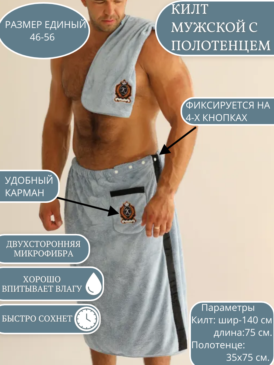 Килт мужской с полотенцем для бани и сауны/Банный набор/тёмно-синий