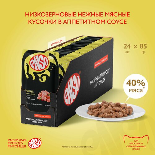 ENSO Корм влажный полнорационный для взрослых кошек, кусочки в соусе с курицей, пауч 85г 24 шт.