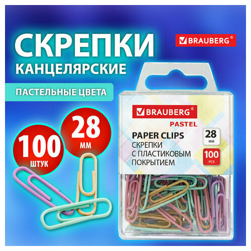 Скрепки BRAUBERG PASTEL 28 мм пастельные цвета, 100 штук, в пластиковой коробке, 27хх, 2 штуки