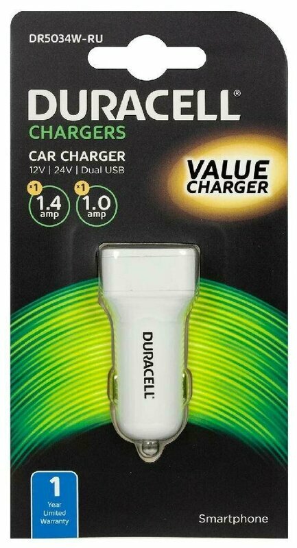 АЗУ, 2USB, 2.4А, Fast charger, белый, DR5034W-RU, Duracell