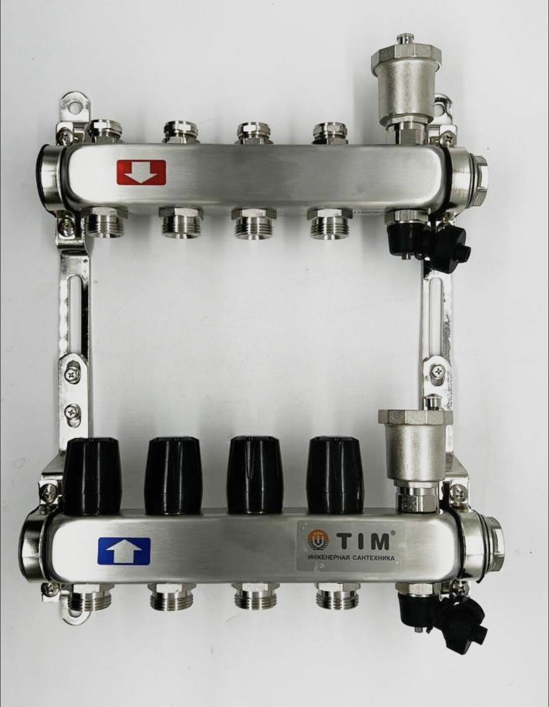 Коллектор для отопления TIM на 4 выхода из нержавеющей стали без расходомеров 1" - 3/4" евроконус и фитинг коллекторный