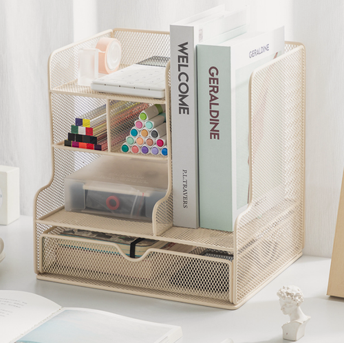 Изображение товара Лоток вертикальный для бумаги и документов MyPads с органайзером, подставка канцелярская с 3 отделениями, офисная с ящиком, металлическая сетка, бе.