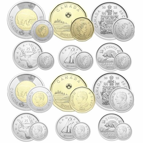Канада 2023 - 2024 Королева умерла, да здравствует король! - набор 12 монет набор кружек король и королева