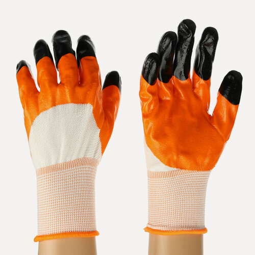 Изображение товара Перчатки садовые INBLOOM с двойным нитриловым полуобл, 10 размер, оранжевый