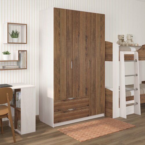 Шкаф трехдверный распашной для одежды и белья, с ящиками, с полками, в спальню, в детскую, Есэндвич Лаворо, левый, 120x55х200 см (Анкор белый/Дуб Аризона)
