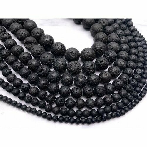 Каменные бусины, вулканическая лава черная, шарик гладкий, 10 мм, длина нити 38 см, около 38 бусин