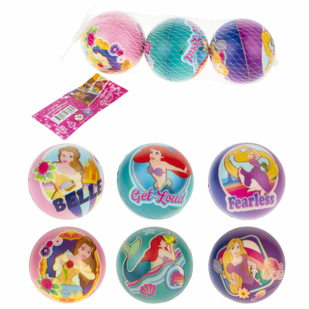 Мячики 1Toy Disney, Принцессы, Рапунцель, Русалочка, Бэль, PU, с принтом, 7,5 см, 3 шт, в сетке (Т17371)