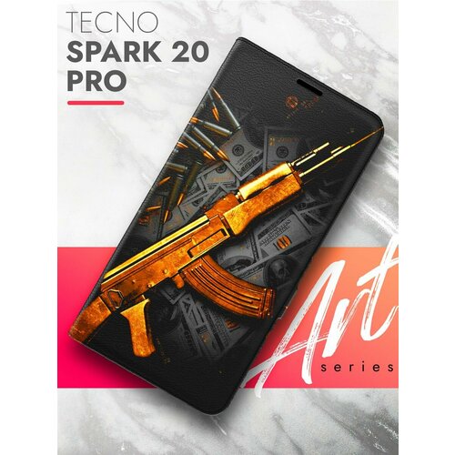 Чехол на Tecno Spark 20 Pro (Техно Спарк 20 Про) черный книжка эко-кожа подставка отделение для карт магнит Book case, Brozo (принт) Золотой автомат чехол на tecno spark 20 pro техно спарк 20 про черный книжка эко кожа подставка отделение для карт магнит book case brozo принт женские штучки