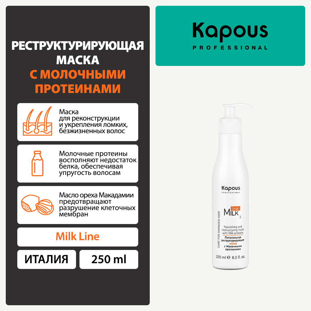 Маска питательная реструктурирующая с молочными протеинами Kapous «Milk Line», 250 мл